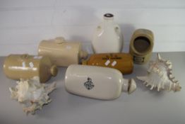 MIXED LOT: VARIOUS STONEWARE HOT WATER BOTTLES, TWO LARGE SEA SHELLS AND A SALT PIG