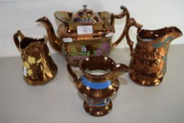 MIXED LOT: VICTORIAN COPPER LUSTRE WARES COMPRISING TEA POT AND THREE JUGS