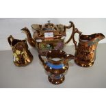 MIXED LOT: VICTORIAN COPPER LUSTRE WARES COMPRISING TEA POT AND THREE JUGS