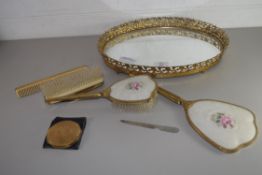 DRESSING TABLE MIRROR AND BRUSH SET, AN OVAL MIRRORED TRAY AND A STRATTON POWDER COMPACT