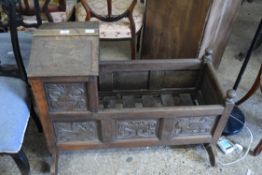 18TH CENTURY AND LATER OAK CRIB DECORATED WITH CARVED PANELS AND FITTED WITH ROCKING BASE, 92CM