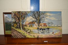 TWO TAPESTRY PICTURES, ONE OF WHICH IS FRAMED