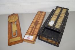 MIXED LOT: PORCUPINE QUILL BOX, SMALL CRIBBAGE BOARD AND A WALL MOUNTED FRENCH TOXIMETRE (3)