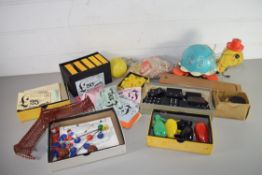 BOX OF VARIOUS TOYS AND GAMES TO INCLUDE PULL-ALONG TORTOISE, DOMINOES, DRAUGHTS ETC