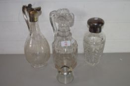 MIXED LOT: CUT GLASS CLARET JUG WITH SILVER PLATED MOUNT, SILVER MOUNTED CLEAR GLASS GLOBE VESTA