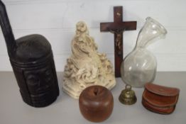 MIXED LOT: ETHNIC HARDWOOD CARVING, TURNED WOODEN APPLE, CRUCIFIX, CERAMIC WALL BRACKET ETC