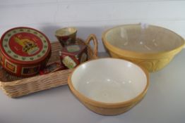 MIXED LOT: WICKER BASKET, VARIOUS MIXING BOWLS, ROYAL COMMEMORATIVE BISCUIT TIN, A VINTAGE COOKS