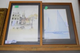 COLOURED PRINT, ST NICHOLAS CHURCH, NORWICH, TOGETHER WITH A COLOURED PRINT OF YACHTS, BOTH FRAMED