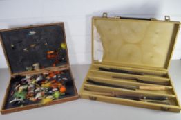 CASE OF FISHING FLIES TOGETHER WITH A CASE CONTAINING GLOVE STRETCHERS AND OTHER ITEMS