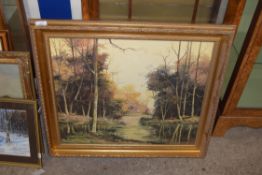 AKIN OF MALVERN, AUTUMN WOODLAND, OIL ON BOARD IN GILT FRAME, 73CM WIDE