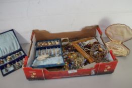 LARGE BOX OF MIXED COSTUME JEWELLERY, CASED SILVER PLATED TEA SPOON ETC