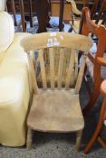 SINGLE ELM SEATED SLAT BACK KITCHEN CHAIR AND A CHILD'S WICKER CHAIR (2)