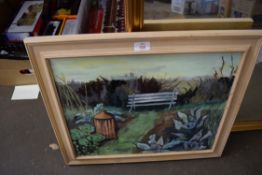 CONTEMPORARY STUDY OF A VEGETABLE GARDEN WITH SEAT, OIL ON BOARD, INITIALLED MAH 97, FRAMED, 59CM