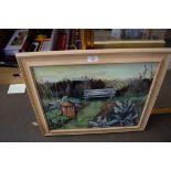 CONTEMPORARY STUDY OF A VEGETABLE GARDEN WITH SEAT, OIL ON BOARD, INITIALLED MAH 97, FRAMED, 59CM