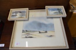 HARRY BIRD GROUP OF THREE WATERCOLOUR STUDIES, COASTAL AND MARSHLAND SCENE, ALL FRAMED, LARGEST 44CM