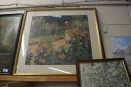 COLOURED PRINT AFTER CLAUDE MONET, 64CM WIDE, FRAMED AND GLAZED