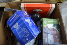 BOX OF MIXED WARES TO INCLUDE VIDEOS, DVDS, THERMOS FLASK, CAMPING STOVE ETC