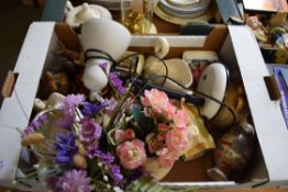 BOX OF MIXED WARES, SWAN SHAPED PLANTERS, DESK LAMP, FAKE FLOWERS, TORQUAY WARE JUG ETC