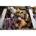 BOX OF MIXED WARES, SWAN SHAPED PLANTERS, DESK LAMP, FAKE FLOWERS, TORQUAY WARE JUG ETC