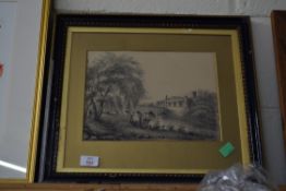 19TH CENTURY BRITISH SCHOOL SOUTH EAST VIEW OF THE CHAPEL AND BRIDGE 1842, CHARCOAL STUDY, FRAMED