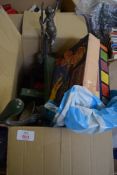 BOX OF MIXED WARES TO INCLUDE SPELTER FIGURE, JELLY MOULD, VINTAGE MINCER, VICTORY STAMP ALBUM,