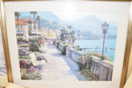 ARTHUR BETRENS COLOURED PRINT, BAY SCENE, FRAMED AND GLAZED, 99CM WIDE