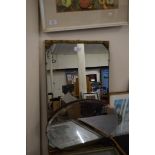 OVAL BEVELLED WALL MIRROR WITH METAL RIBBON MOUNT TOGETHER WITH A FURTHER LARGER RECTANGULAR WALL