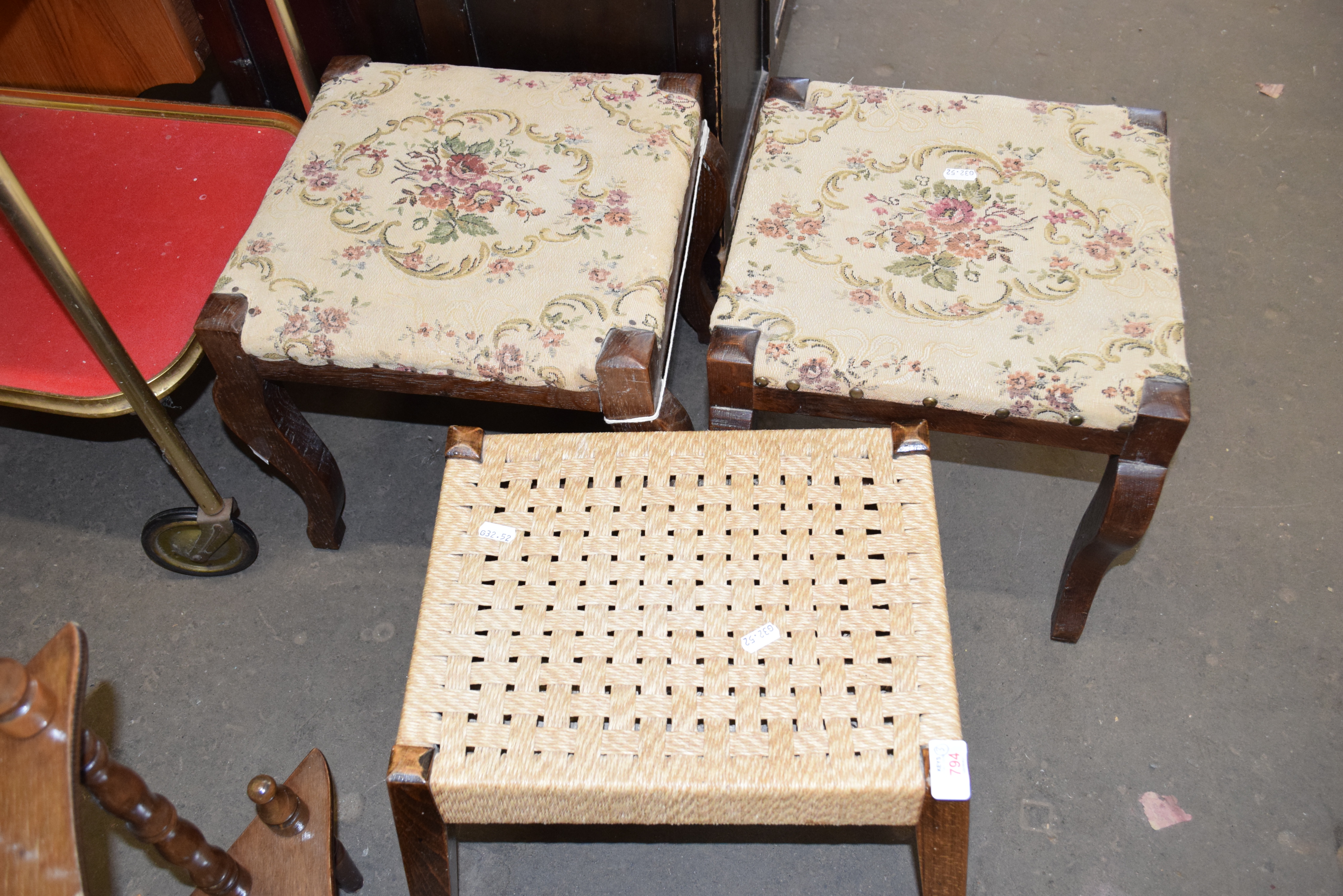 THREE VARIOUS ASSORTED OAK FRAMED STOOLS, TWO WITH FLORAL UPHOLSTERY
