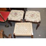 THREE VARIOUS ASSORTED OAK FRAMED STOOLS, TWO WITH FLORAL UPHOLSTERY