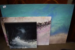 THREE ABSTRACT CANVAS PRINTS, LARGEST 92CM WIDE