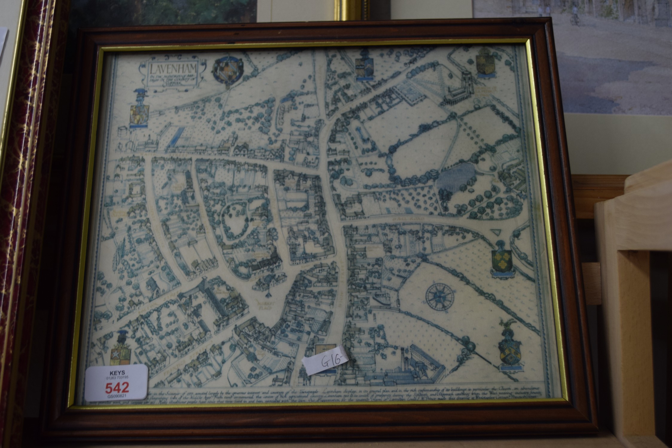 COLOURED PRINT, TOWN PLAN OF LAVENHAM, SUFFOLK, 34CM WIDE, FRAMED AND GLAZED