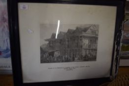 19TH CENTURY BLACK AND WHITE ENGRAVING, "THE ANCIENT HOUSE, BUTTERMARKET", FRAMED AND GLAZED, 64CM