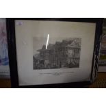 19TH CENTURY BLACK AND WHITE ENGRAVING, "THE ANCIENT HOUSE, BUTTERMARKET", FRAMED AND GLAZED, 64CM