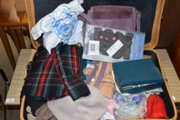 SUITCASE CONTAINING VINTAGE CLOTHES, DOMINOES ETC