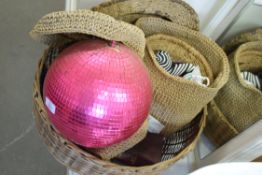 LARGE WICKER BASKET CONTAINING GLITTER BALL, MIXED WARES ETC