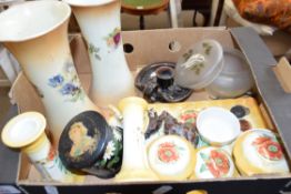 ONE BOX DRESSING TABLE CHINA WARES, FLORAL DECORATED VASES ETC