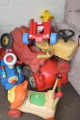 MIXED LOT: CHILDS WHEEL ALONG TOY VEHICLES TO INCLUDE TRAIN, CAR, ENGINE ETC