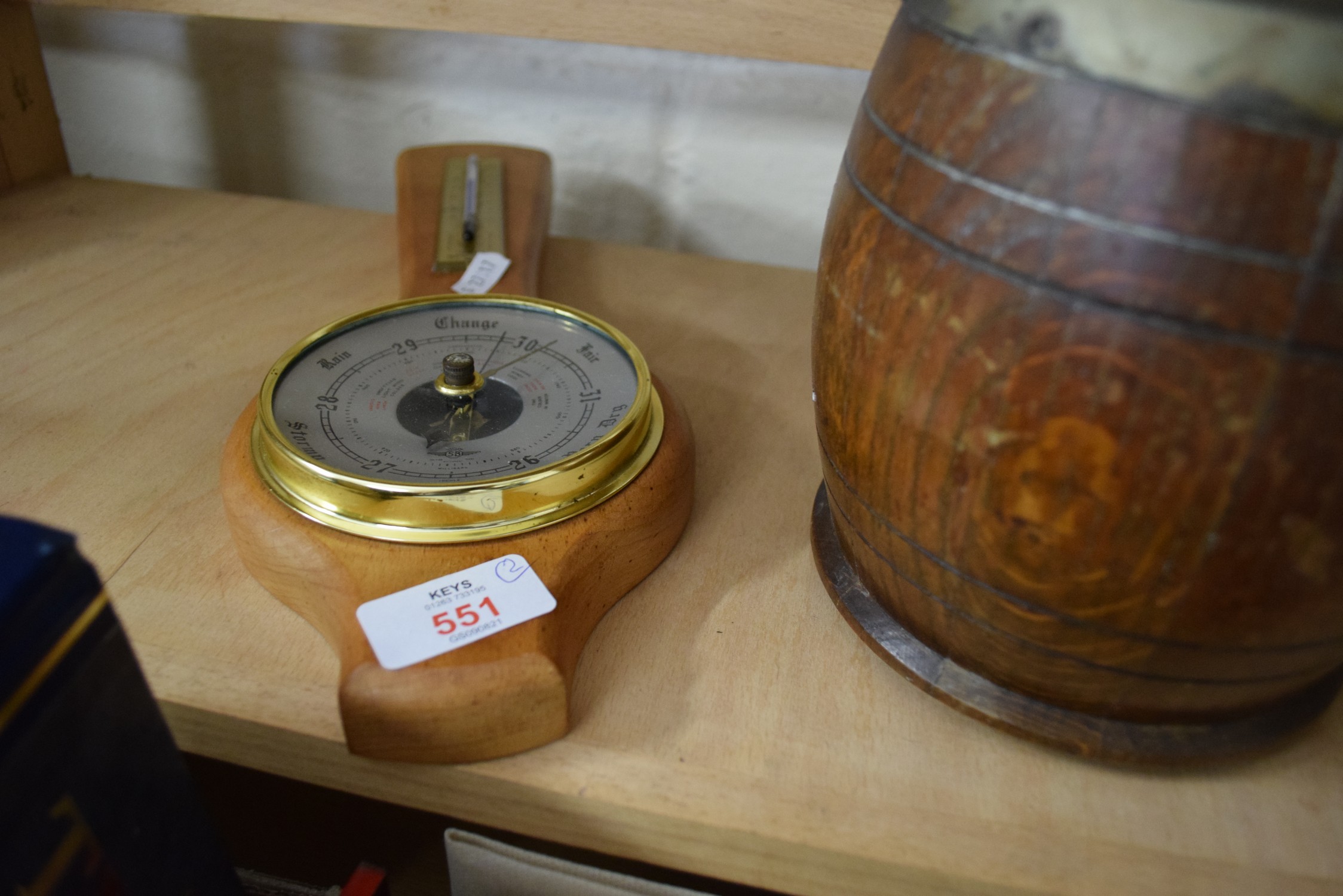 OAK BISCUIT BARREL AND A SMALL BAROMETER - Image 2 of 2