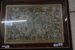 COLOURED PRINT, MAP OF THE WORLD, IN EBONISED FRAME, 68CM WIDE