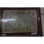 COLOURED PRINT, MAP OF THE WORLD, IN EBONISED FRAME, 68CM WIDE