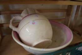 PINK DECORATED WASH BOWL AND JUG