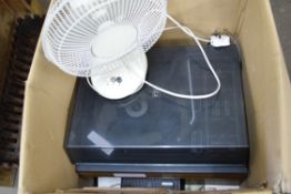 FIDELITY RECORD PLAYER WITH SPEAKERS AND A TABLE FAN