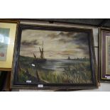 20TH CENTURY SCHOOL STUDY OF SHIPS IN AN ESTUARY, OIL ON CANVAS, FRAMED, 71CM WIDE