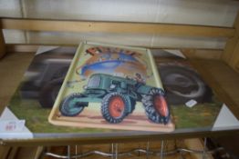 MIXED LOT: REPRODUCTION FENDT METAL ADVERTISING PICTURE, HOLOGRAPHIC PICTURE OF A TRACTOR AND A