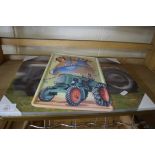 MIXED LOT: REPRODUCTION FENDT METAL ADVERTISING PICTURE, HOLOGRAPHIC PICTURE OF A TRACTOR AND A