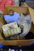 BOX OF MIXED CERAMICS, KITCHEN WARES ETC