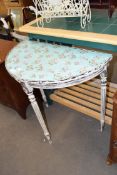 SHABBY CHIC HALF MOON SIDE TABLE WITH FLORAL DECORATED TOP, 75CM WIDE