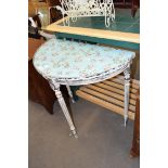 SHABBY CHIC HALF MOON SIDE TABLE WITH FLORAL DECORATED TOP, 75CM WIDE