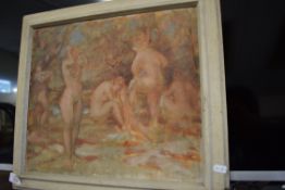 20TH CENTURY SCHOOL STUDY OF FOUR FEMALE NUDES, OIL ON CANVAS, UNSIGNED, IN A PAINTED FRAME, 50CM