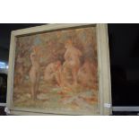 20TH CENTURY SCHOOL STUDY OF FOUR FEMALE NUDES, OIL ON CANVAS, UNSIGNED, IN A PAINTED FRAME, 50CM